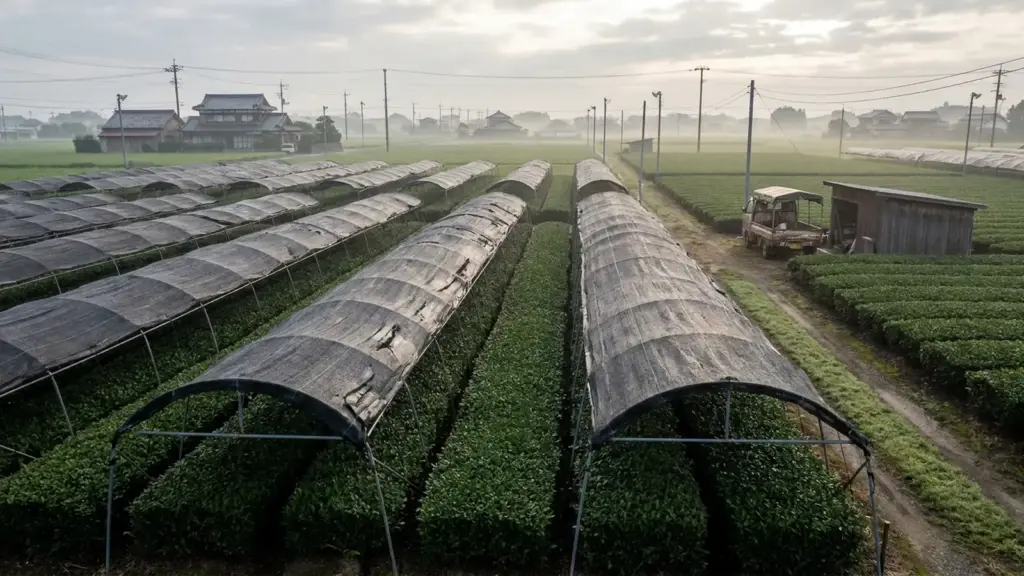 Broad tea rows beneath black shade coverings in Nishio