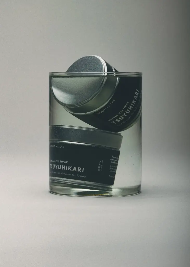 Three black Tsuyuhikari tins stacked at angles inside a clear glass cylinder