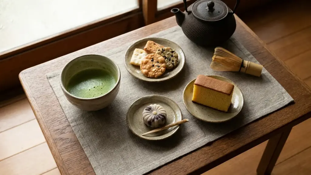 Assorted Japanese tea snacks with a bowl of whisked matcha