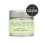 Silver OMGTea Grade AA Organic Matcha tin with a pale green label and Great Taste 2021 badge