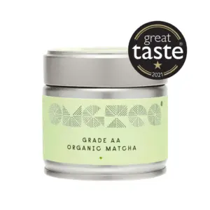 Silver OMGTea Grade AA Organic Matcha tin with a pale green label and Great Taste 2021 badge