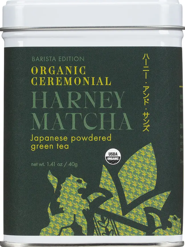 Front of a white Harney Matcha tin with a dark green Organic Ceremonial label and leaf graphics