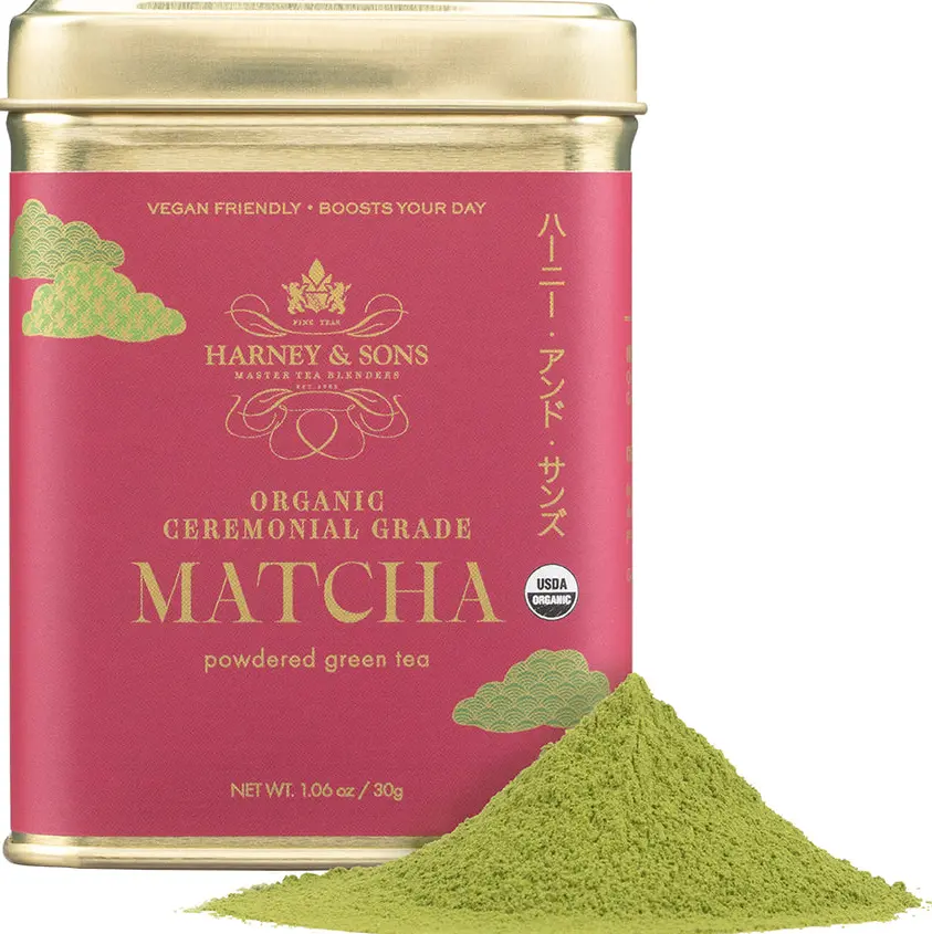 Harney & Sons Organic Ceremonial Grade Matcha tin beside a mound of green matcha powder