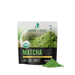 Front of a Jade Leaf culinary matcha pouch with green powder beside it