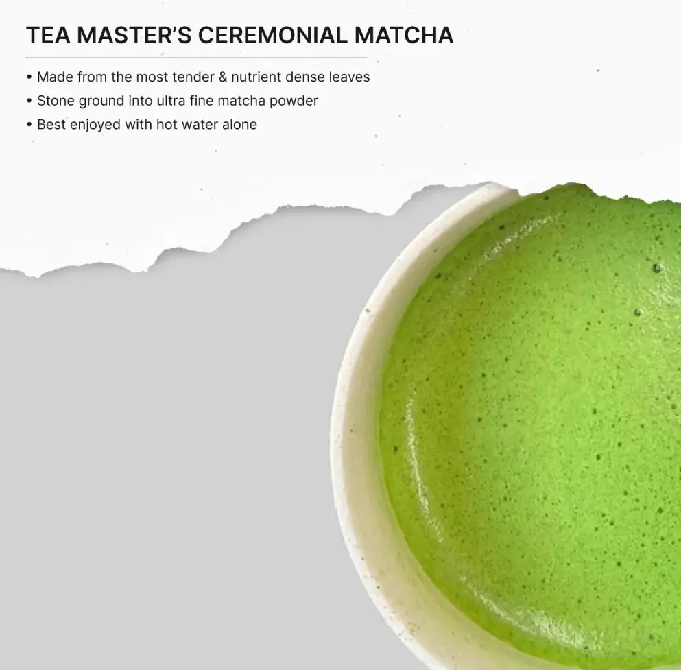 Close-up of frothy green matcha in a white bowl beside Tea Master’s Ceremonial Matcha text