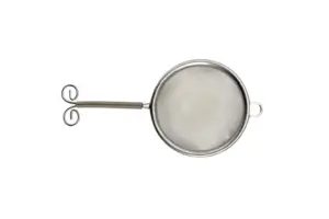 Round stainless steel mesh matcha sifter with a coiled handle