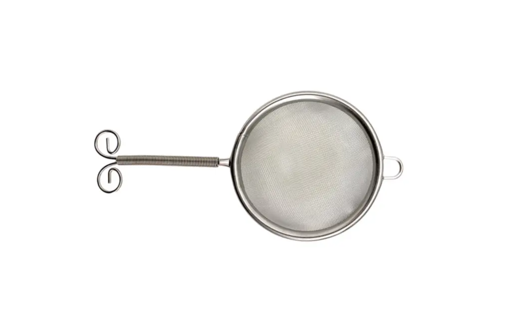 Round stainless steel mesh matcha sifter with a coiled handle