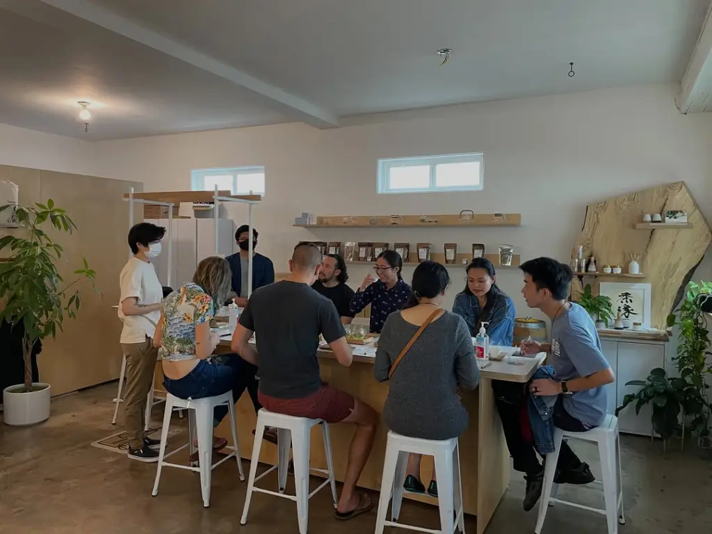 Guests seated around a tea counter while two hosts stand nearby
