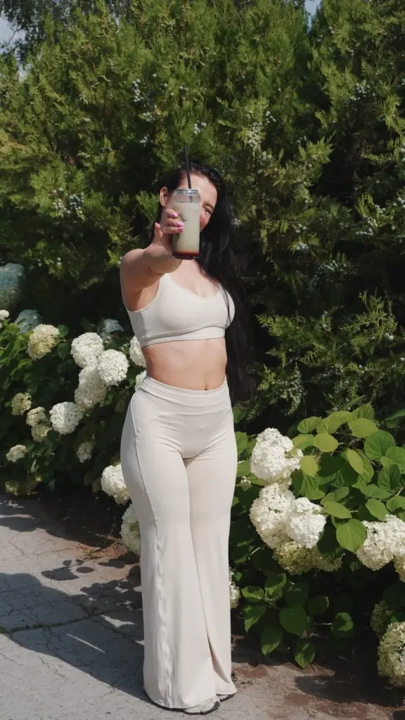 Woman in cream activewear holding a tall iced drink beside white flowers