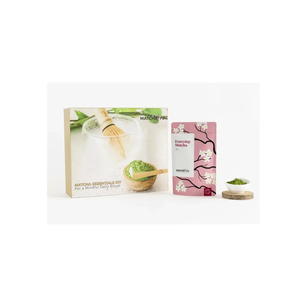 Matcha Yu Tea Essentials Kit box with a pink 70g Everyday Matcha pouch and a bowl of matcha powder
