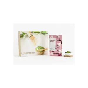 Matcha Yu Tea Essentials Kit box with a pink 70g Everyday Matcha pouch and a bowl of matcha powder