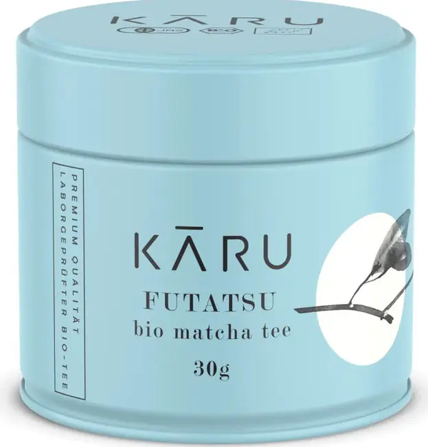 Light blue Matcha Kāru Futatsu bio matcha tea tin labeled 30 g