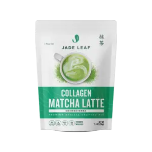 Front of Jade Leaf unsweetened Collagen Matcha Latte Mix pouch with a cup of green matcha latte