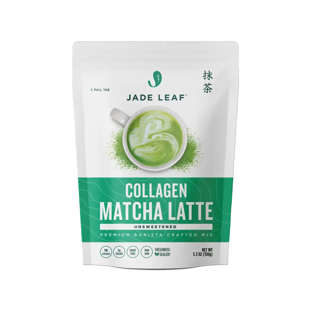 Front of Jade Leaf unsweetened Collagen Matcha Latte Mix pouch with a cup of green matcha latte
