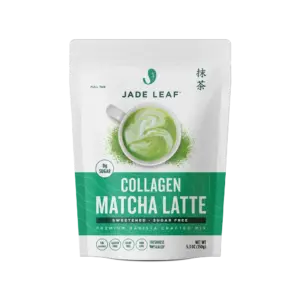 Front of Jade Leaf Collagen Matcha Latte Mix sweetened sugar-free pouch with a green latte pictured