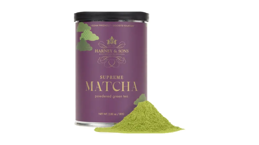 Harney & Sons Supreme Matcha tin and matcha powder fully visible
