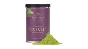 Harney & Sons Supreme Matcha tin and matcha powder fully visible