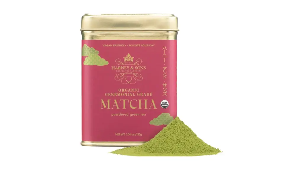 Harney & Sons organic ceremonial matcha tin and matcha powder fully visible
