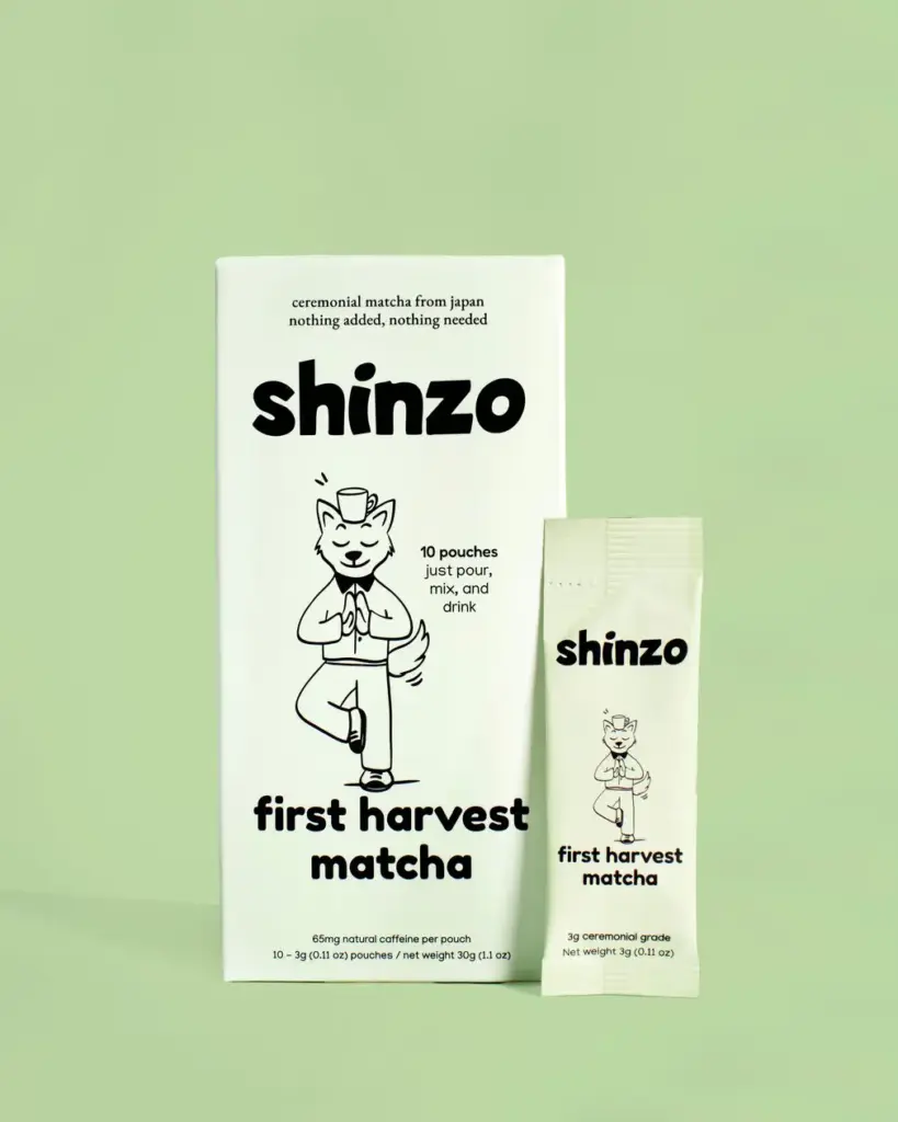 Shinzo First Harvest Matcha box and single-serve pouch on a pale green background