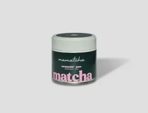 Mamatcha ceremonial pure matcha tin with a white lid and dark green label