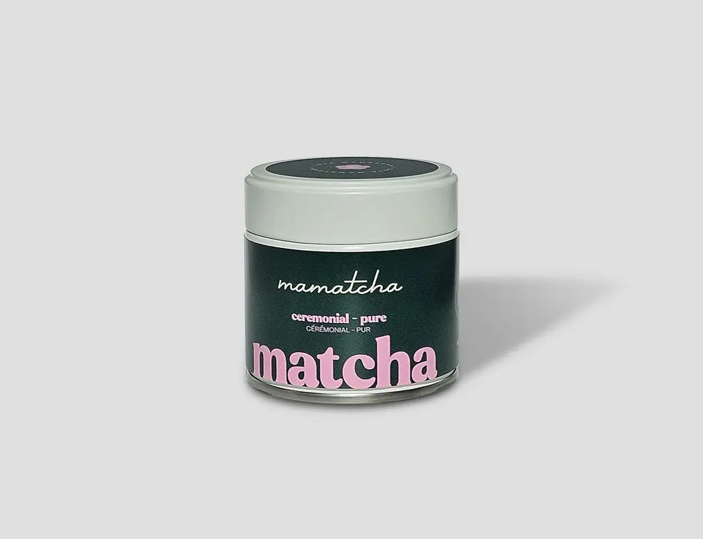Mamatcha ceremonial pure matcha tin with a white lid and dark green label