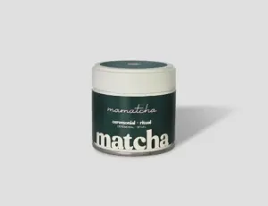 Mamatcha Ritual ceremonial matcha tin with a cream lid and dark green label