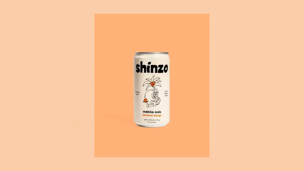 Shinzo Coconut Mango Matcha Soda can centered on a wide tropical background