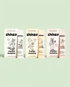 Shinzo vanilla, honey, and mocha matcha boxes with individual pouches