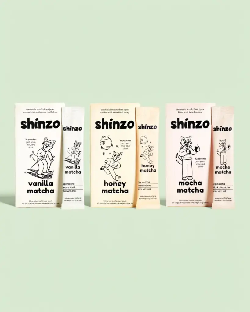 Shinzo vanilla, honey, and mocha matcha boxes with individual pouches