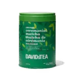 Green DAVIDsTEA organic ceremonial matcha tin with leaf pattern and bilingual label