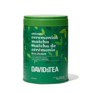 Green DAVIDsTEA organic ceremonial matcha tin with leaf pattern and bilingual label