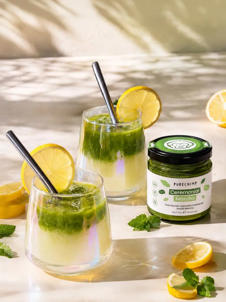 Two iced green matcha drinks with lemon slices beside a PureChimp Ceremonial Matcha jar