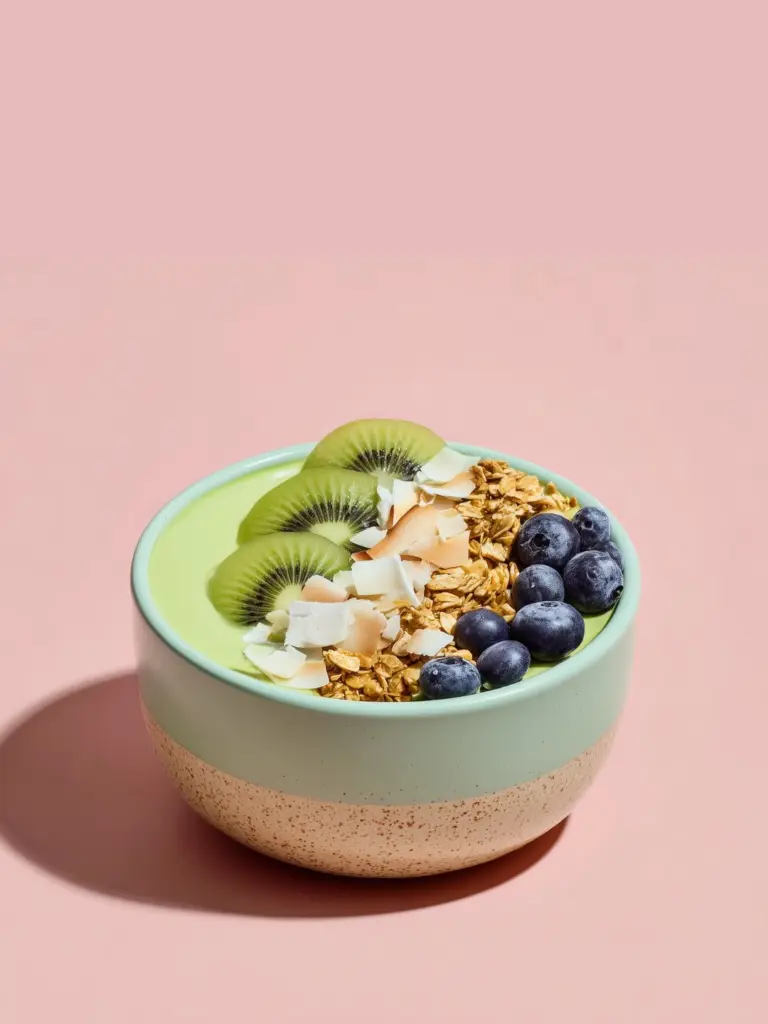 Green smoothie bowl topped with kiwi, blueberries, granola, and coconut flakes