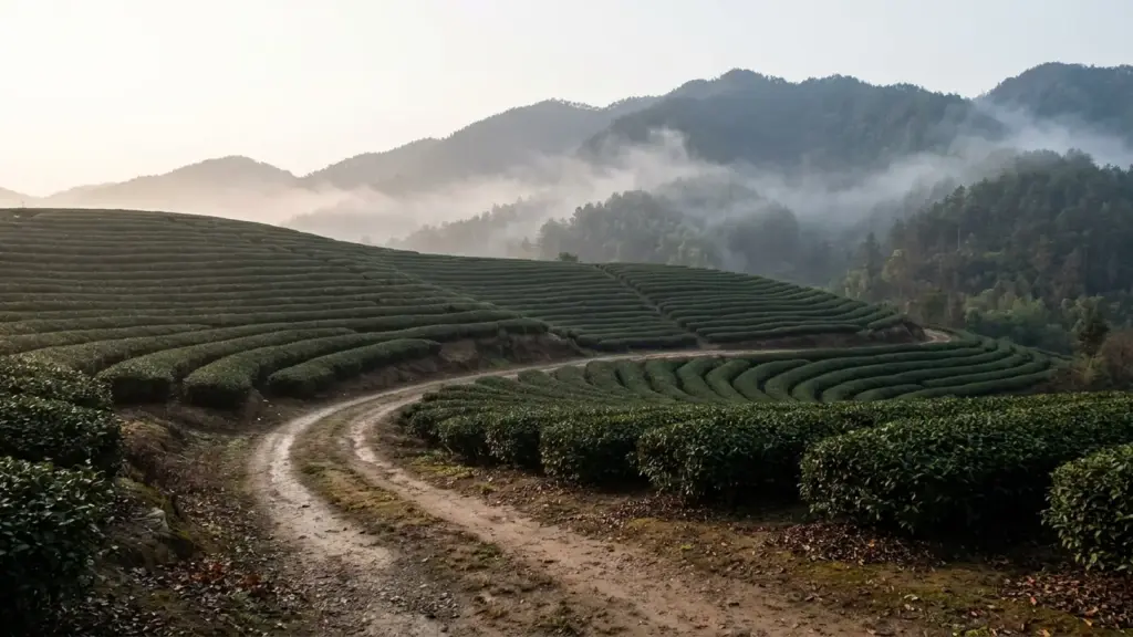 Tea rows following misty foothills near Quzhou in western Zhejiang