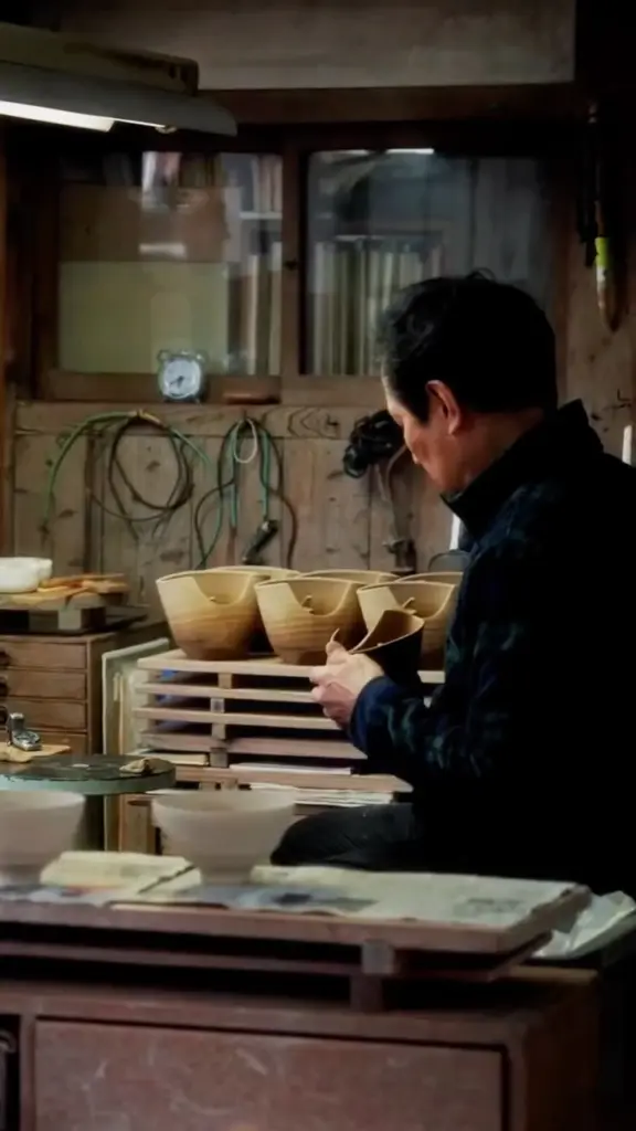 Craftsperson working on a ceramic bowl in a pottery studio