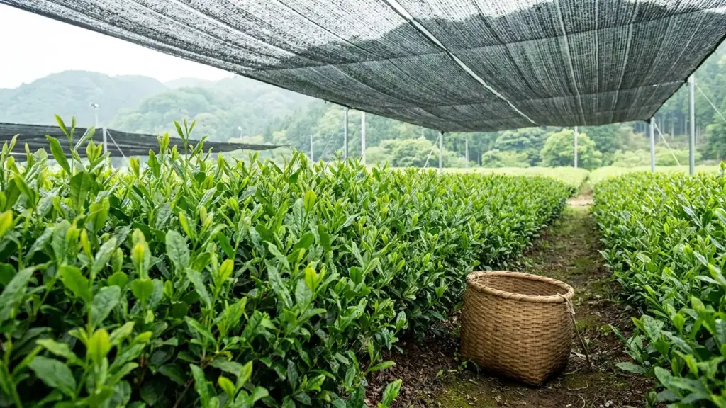 Tender tea shoots growing in rows beneath a black shade canopy