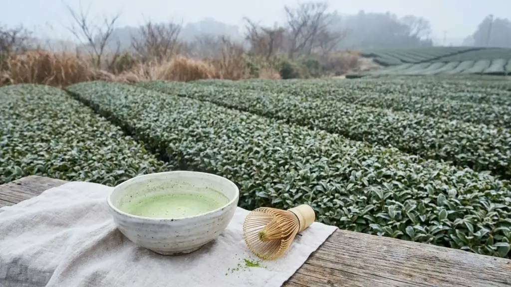 Tea hedges on a cool, hazy morning beside a ceramic bowl of jade green matcha.