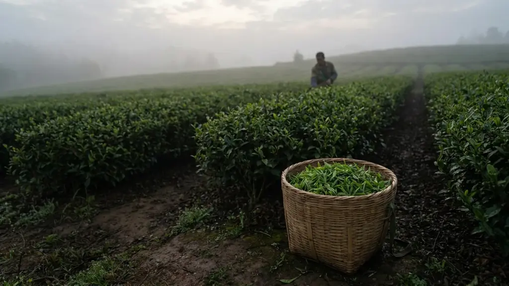 Open tea field in cool spring light with freshly harvested leaves in a field basket.