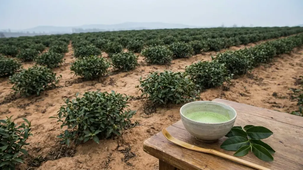 Rows of tea plants in a cool northern landscape with a ceramic bowl of jade green matcha.