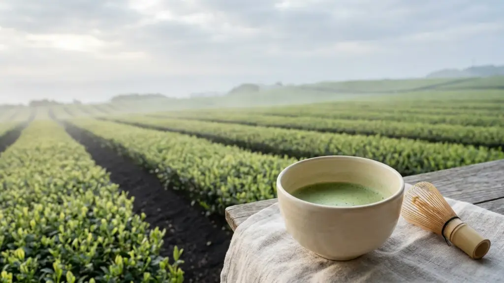 Tender tea rows on dark soil near a hazy coast with a bowl of jade green matcha.