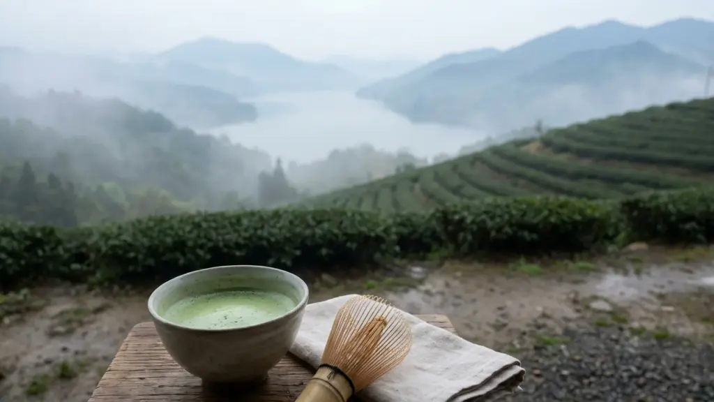 Misty hillside tea rows overlooking calm water beside a ceramic bowl of matcha.