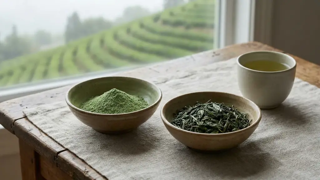 Fine green tea powder and loose green tea leaves displayed in separate ceramic dishes.