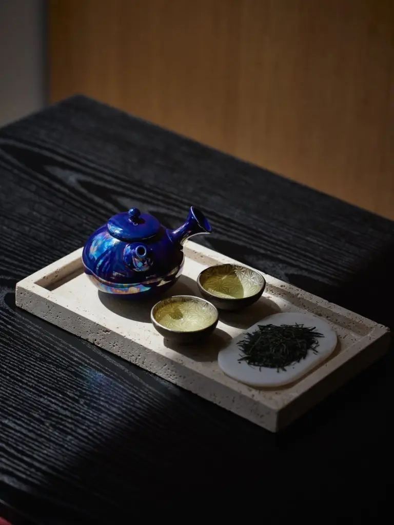 Iridescent teapot with two cups and loose tea leaves on a stone tray