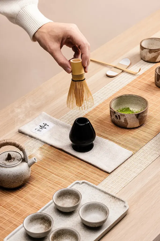 Black ceramic whisk stand beside a bamboo whisk and a bowl of green matcha powder