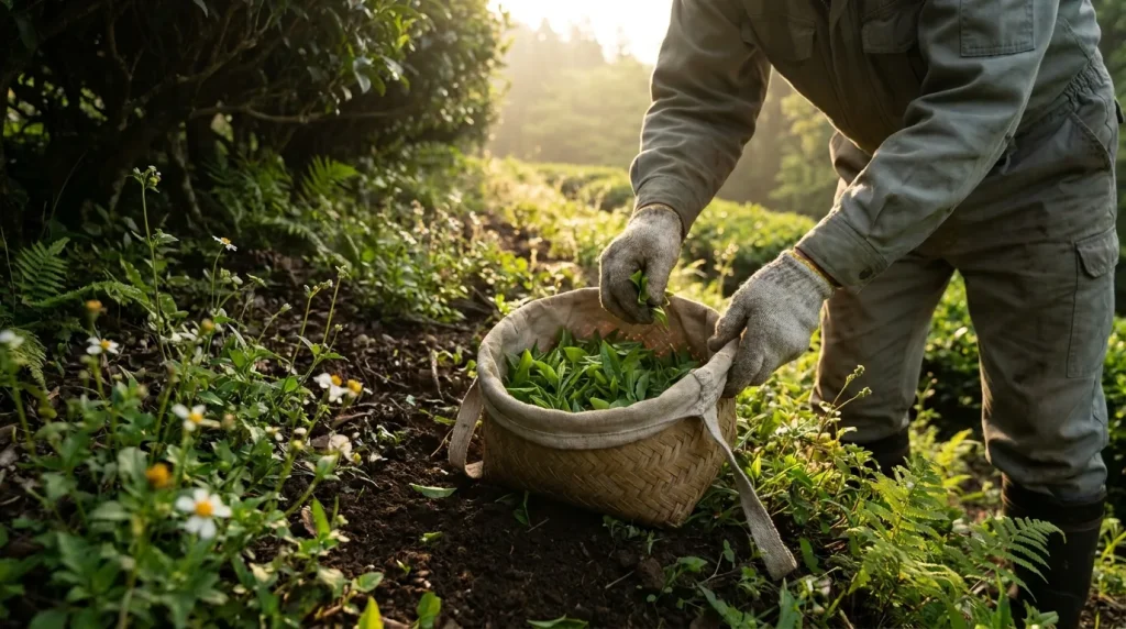 Tea farmer inspecting shaded matcha plants beside rows with ground cover in a Japanese tea field
