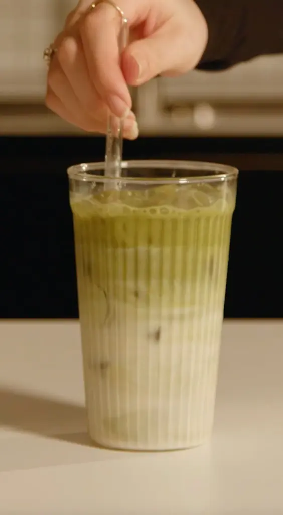 Hand stirring a layered green iced drink in a ribbed glass