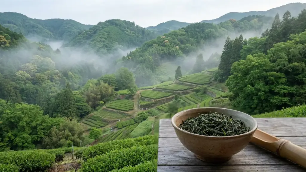 Terraced tea plots on misty forested slopes with curled green tea leaves in a ceramic dish.