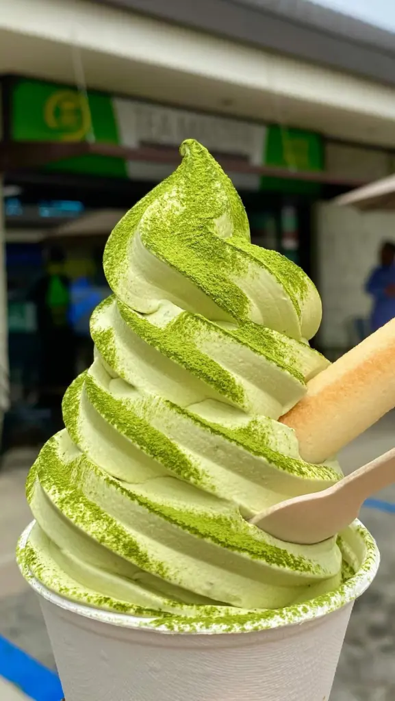 Close-up of green soft serve with matcha powder and a wafer