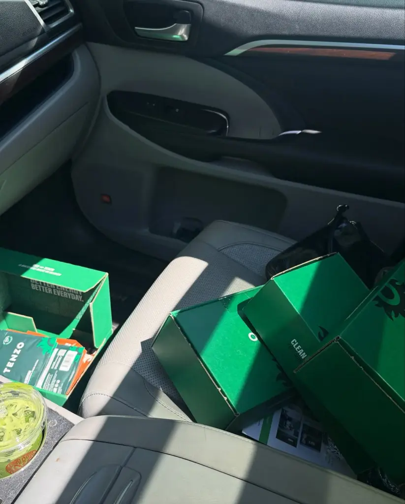 Green Tenzo Tea boxes and packets arranged on a car seat