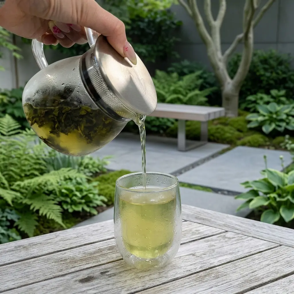 Loose-leaf green tea being poured from a glass teapot into a double-walled glass